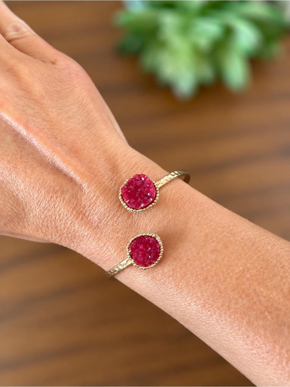 Gold-Tone Red Druzy Stone Open Cuff Bracelet – Hammered Boho Statement Jewelry
